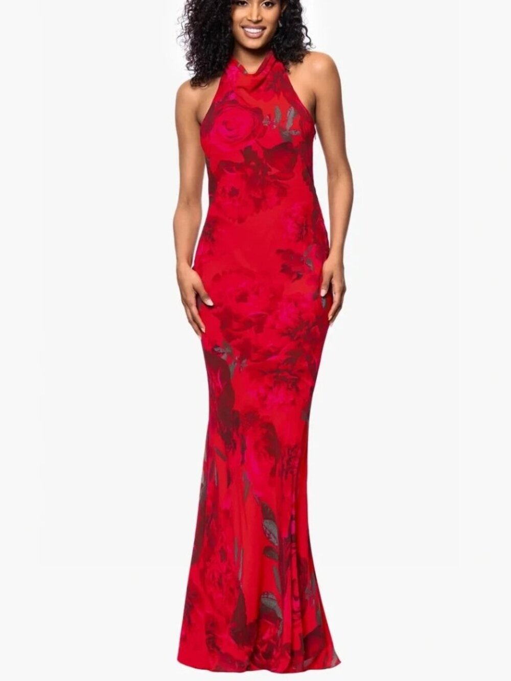 Betsy & Adam Red Multi Halter Floral Chiffon Tie Back Maxi Dress